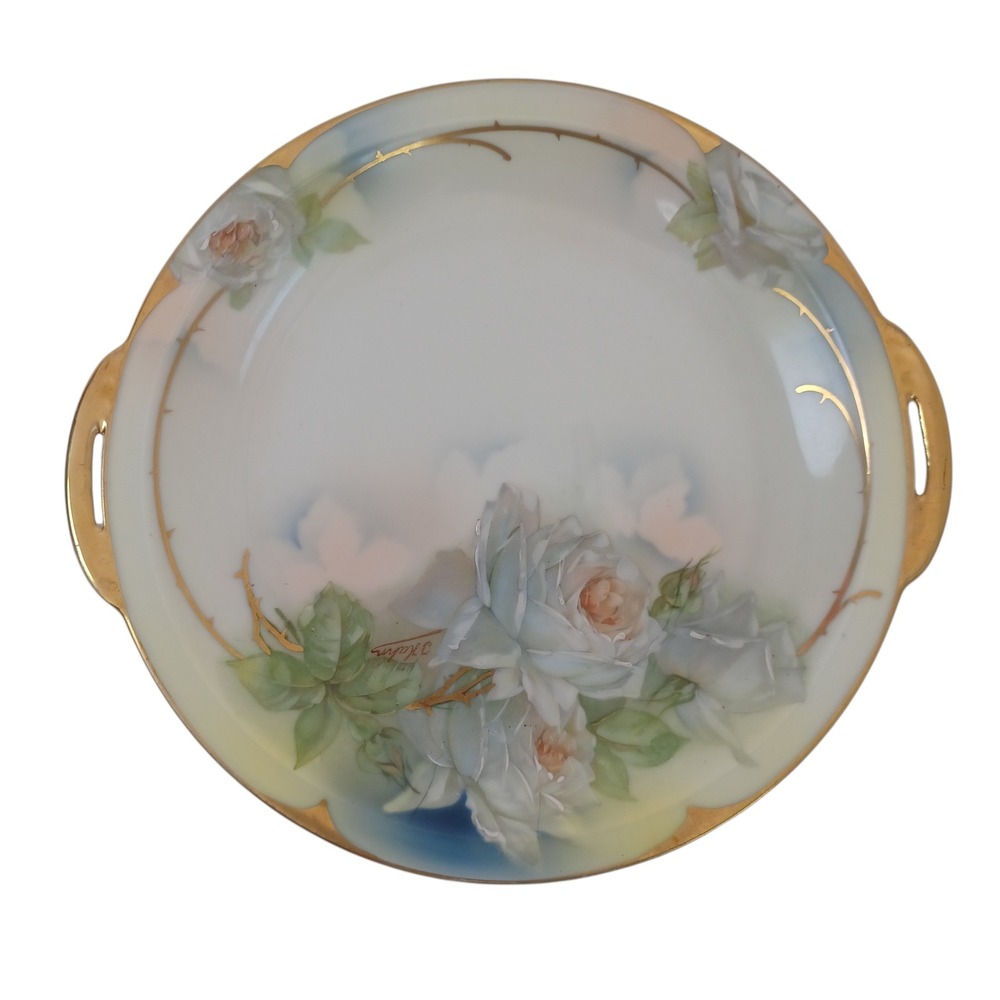 Royal Rudolstadt Hand‎ Painted Prussia Plate White Roses Gold Trim Handles